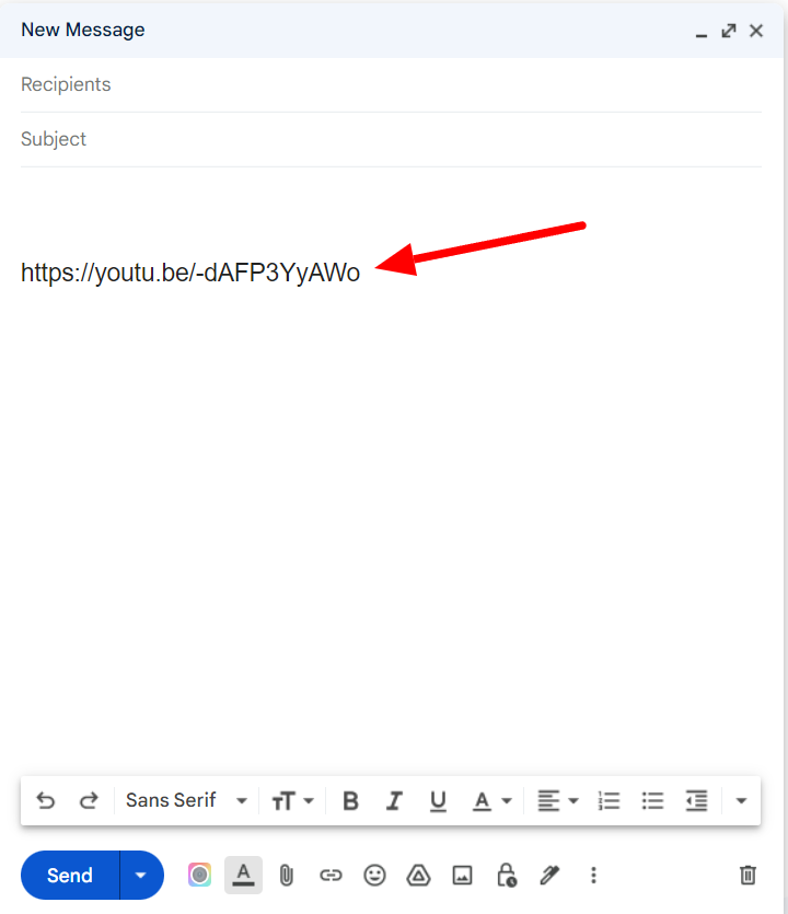 Gmail draft with a YouTube link pasted into the body.