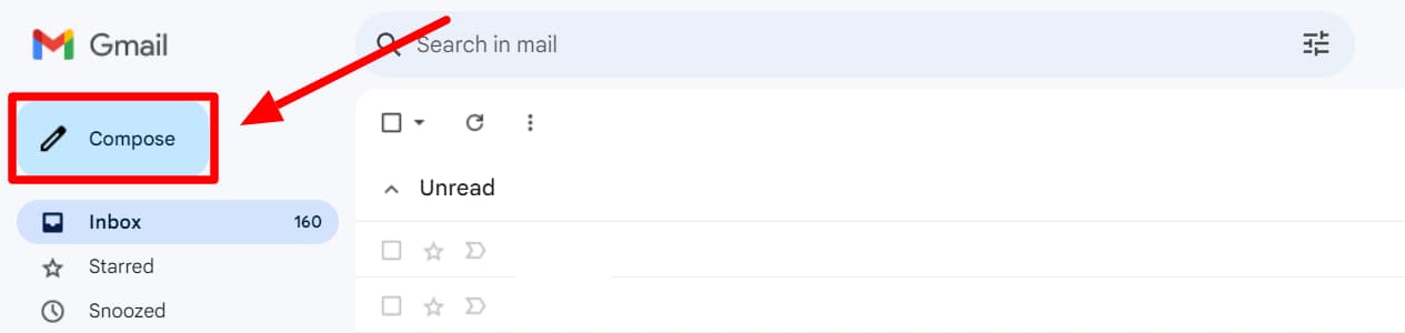 Gmail inbox with the Compose button highlighted.