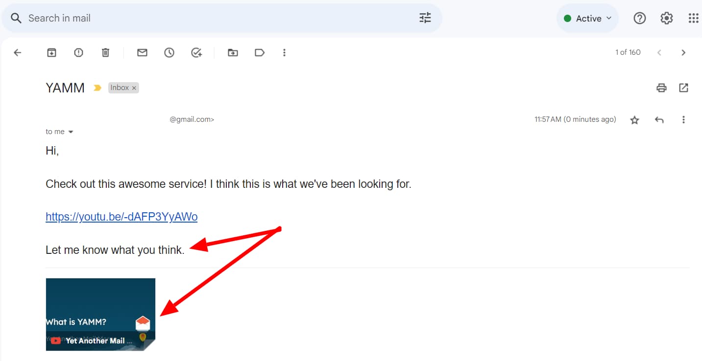 Received Gmail message with a video link, added text, and a preview thumbnail.