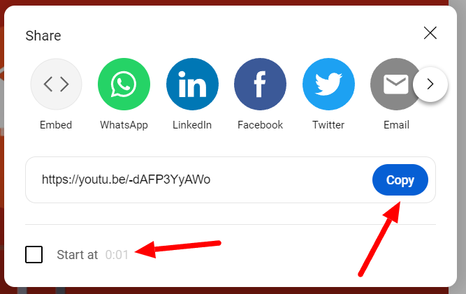 YouTube Share dialog with Copy and the optional Start at setting indicated.
