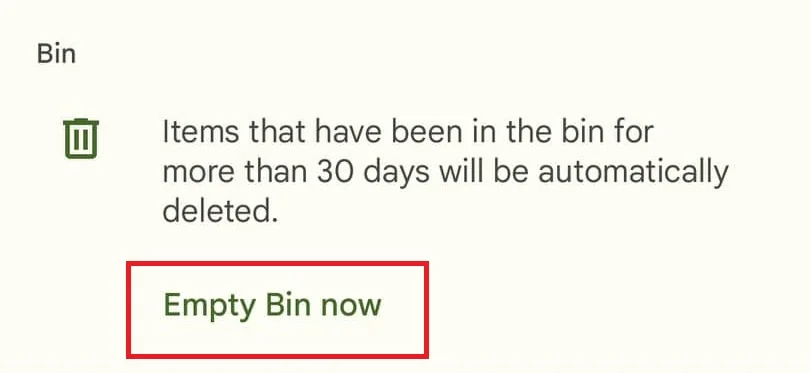 Gmail mobile Bin with Empty Bin now highlighted.