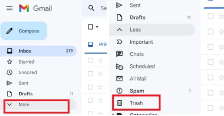 Gmail sidebar showing More expanded to reveal the Trash folder.