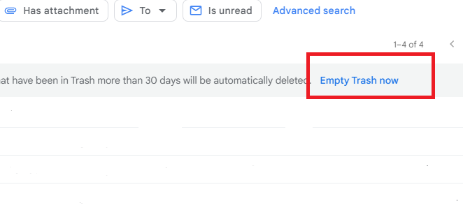 Gmail Trash folder with Empty Trash now highlighted.