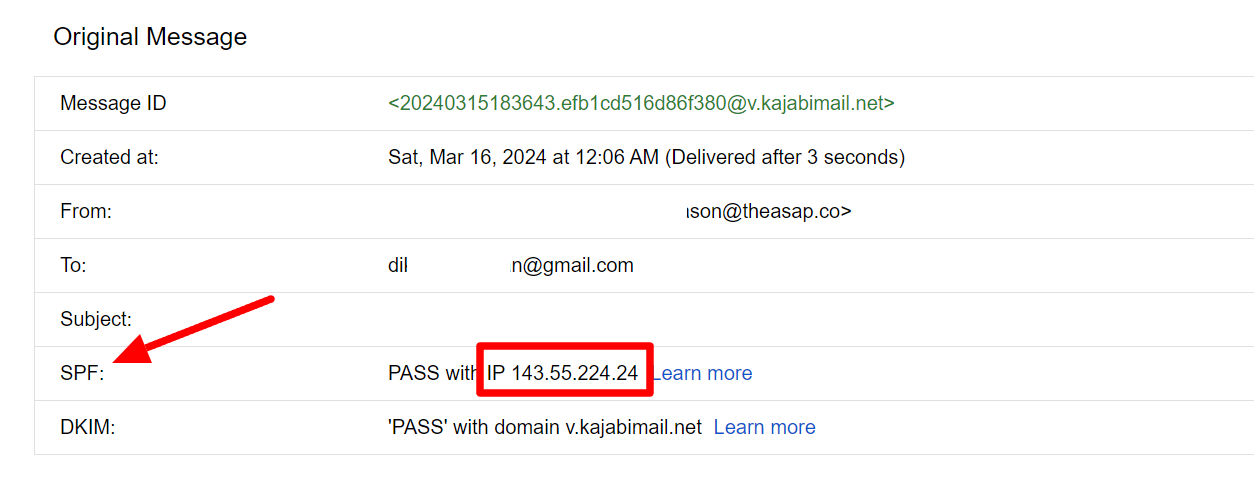 Gmail Original Message summary with the SPF sender IP address highlighted