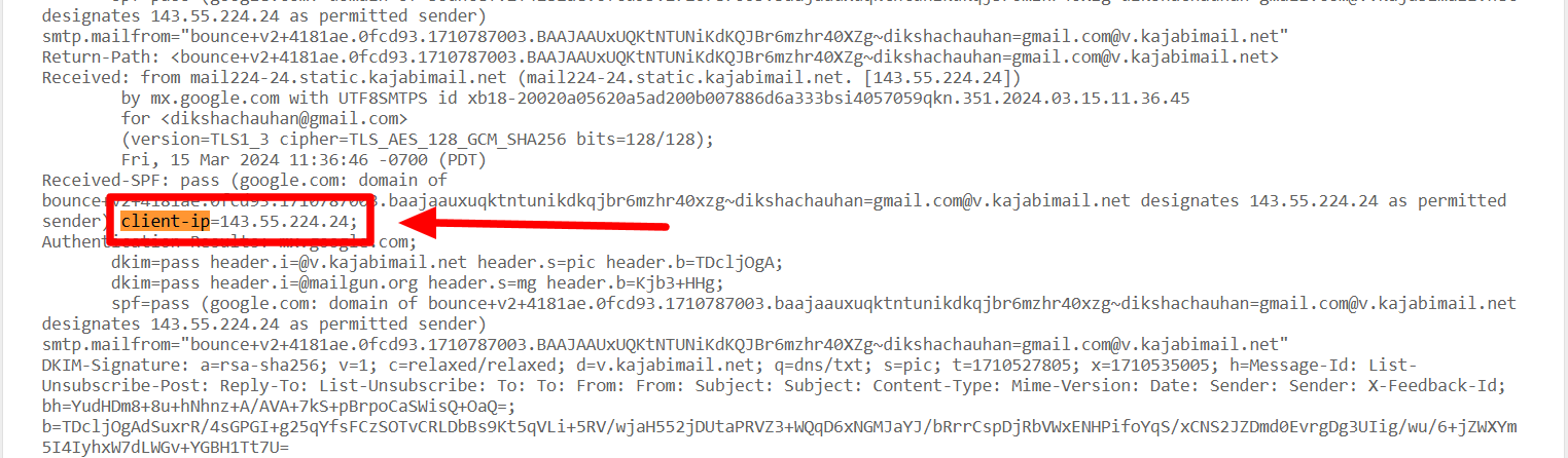 Original email headers with the client-ip field highlighted