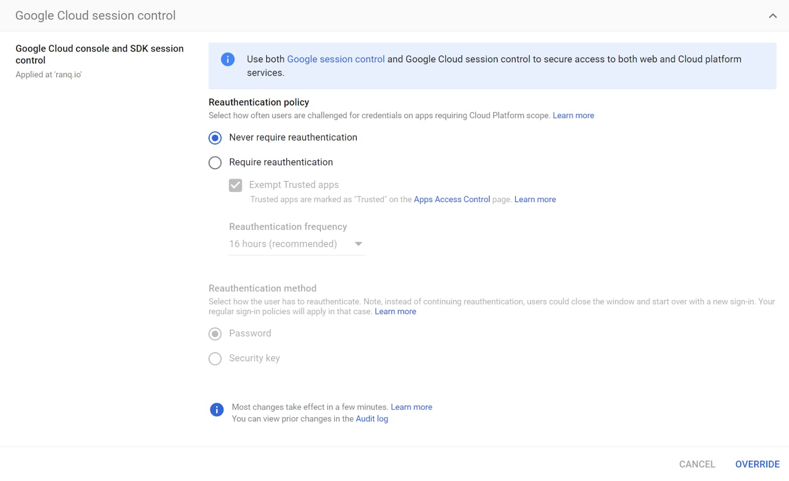 Google Cloud session controls with Never require reauthentication selected.