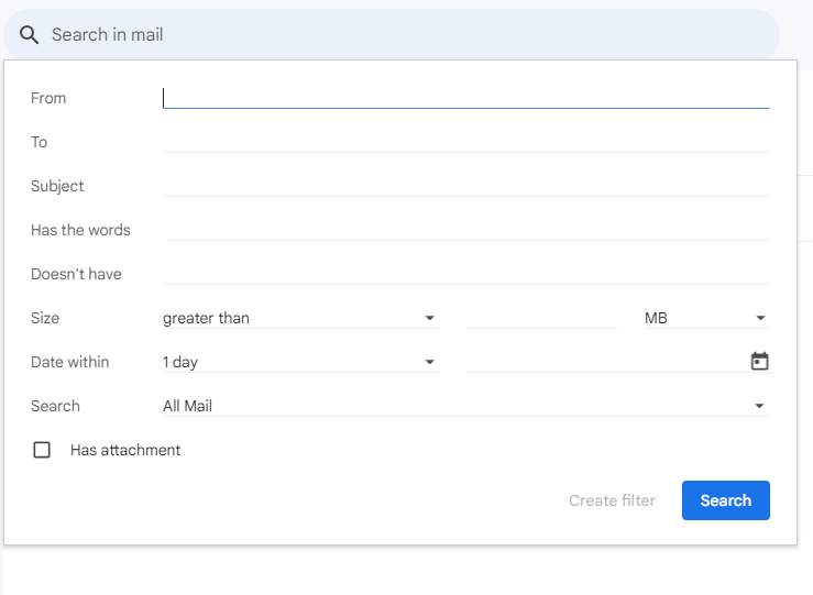 Gmail's advanced search form for defining messages to filter.