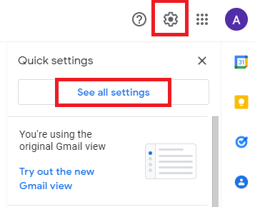 Gmail's Settings gear and See all settings button are highlighted.
