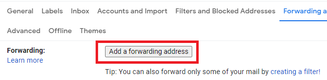 The Add a forwarding address button in Gmail settings is highlighted.