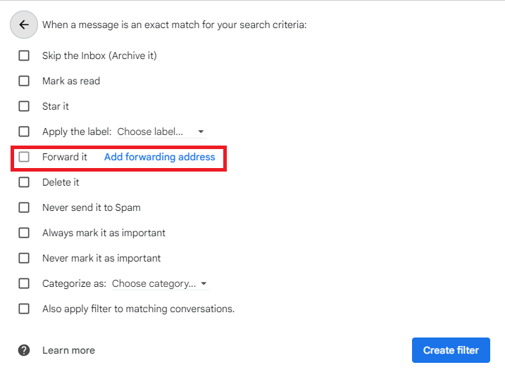 The Forward it filter action and Add forwarding address link are highlighted.