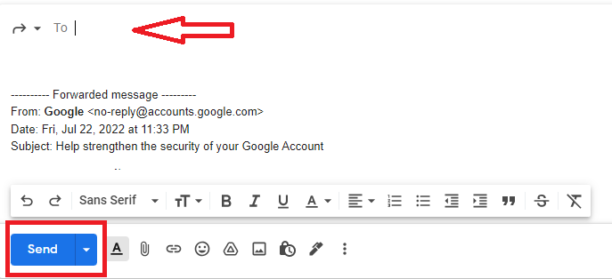 The forwarding composer highlights the recipient field and Send button.