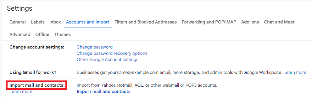 The Import mail and contacts section in Gmail settings is highlighted.
