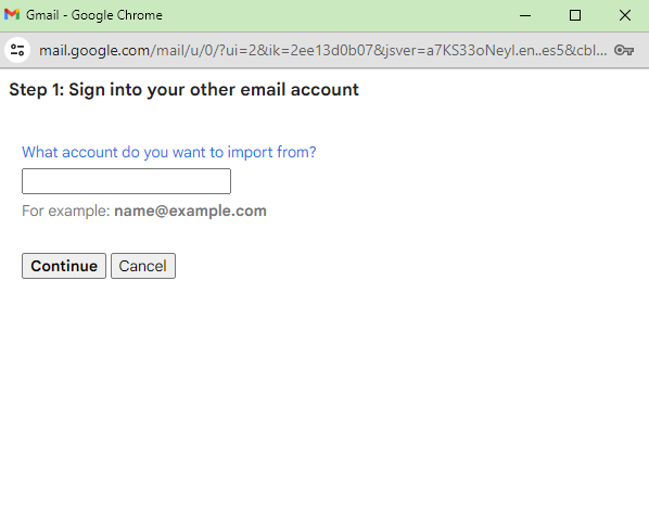 The mail import dialog asks for the email account to import from.