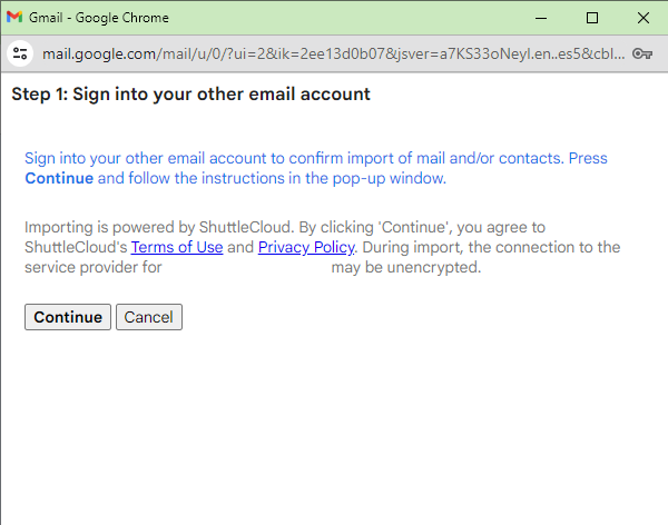 The mail import dialog prompts the user to sign into the other email account and continue.