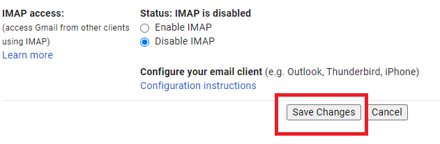 The Save Changes button at the bottom of Gmail settings is highlighted.
