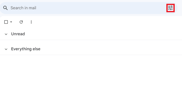The Show search options icon at the right of Gmail's search bar is highlighted.