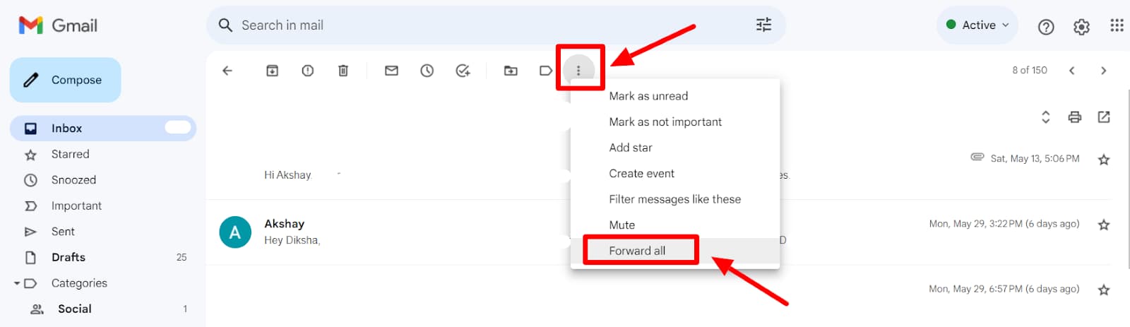 Gmail conversation menu with Forward all highlighted.