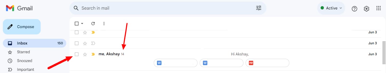 Gmail inbox with a multi-message conversation highlighted.