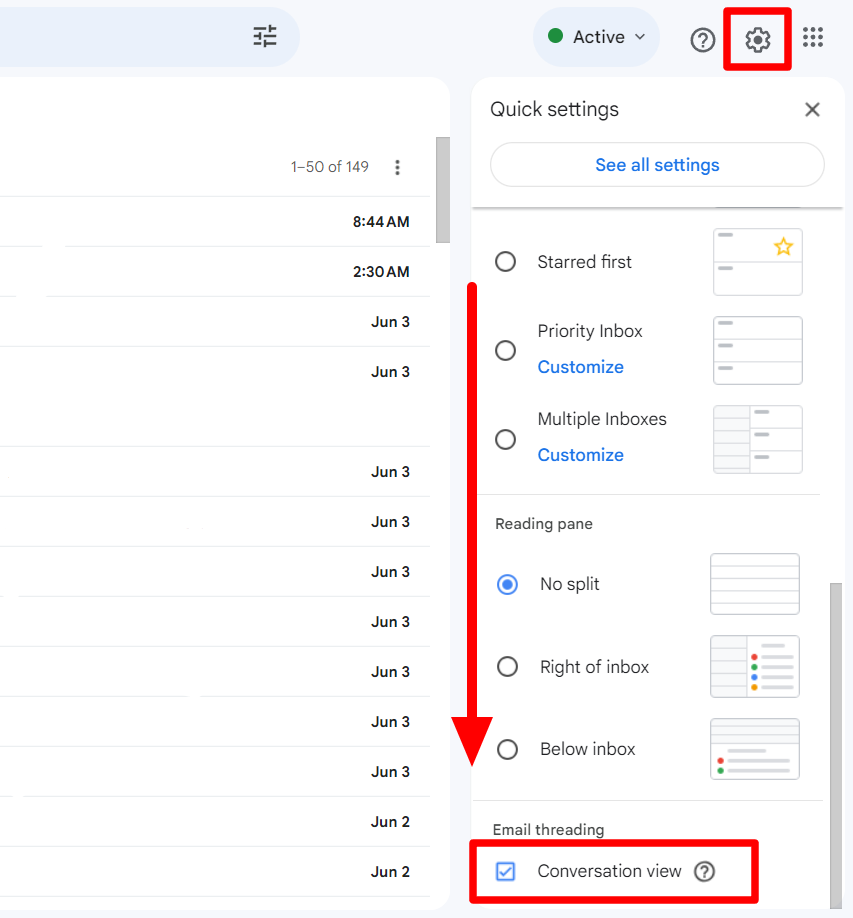Gmail Quick settings with Conversation view enabled.