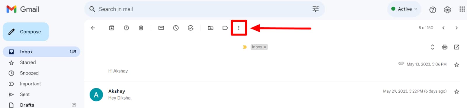 Open Gmail conversation with the More menu highlighted.