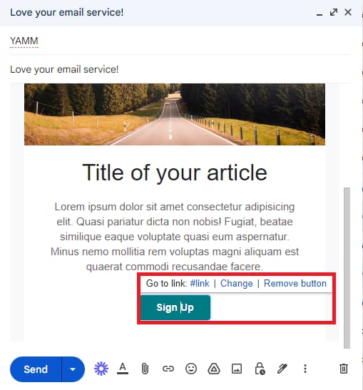 A newsletter layout with a Sign Up button and its link-editing controls.