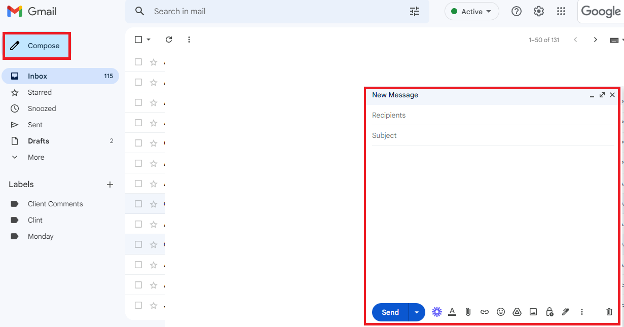 The Compose button and a newly opened message window are highlighted.