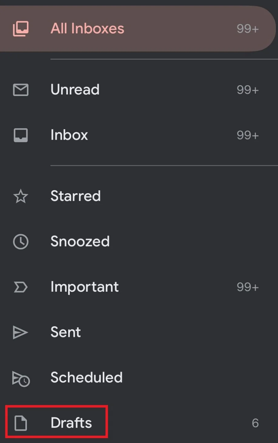 The Drafts folder in Gmail's mobile navigation is highlighted.