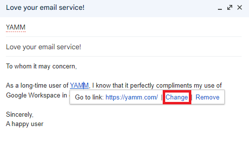 The link popover highlights Change to edit the hyperlink.