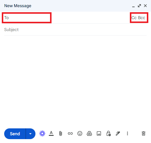 The To, Cc, and Bcc recipient controls in a new Gmail message are highlighted.