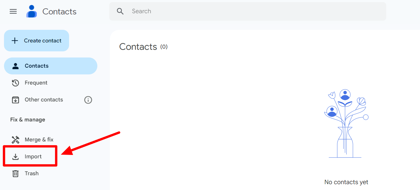 Empty Google Contacts account with Import highlighted in the sidebar.