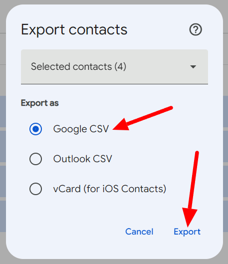Export contacts dialog with selected contacts, Google CSV, and the Export button indicated.