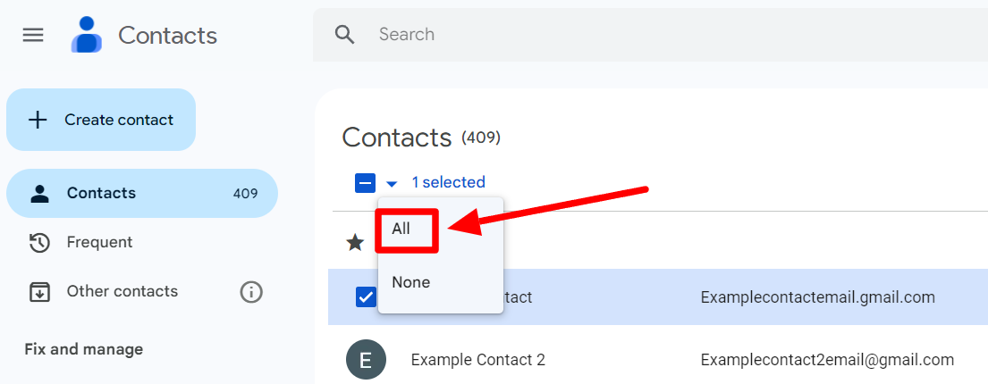 Google Contacts selection menu with All highlighted.