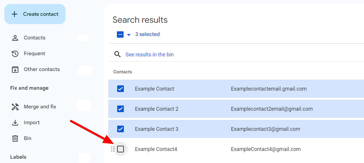 Google Contacts with four contacts selected and an arrow pointing to a contact checkbox.