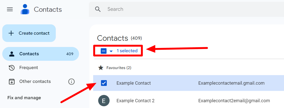Google Contacts with one contact selected and the selection dropdown highlighted.