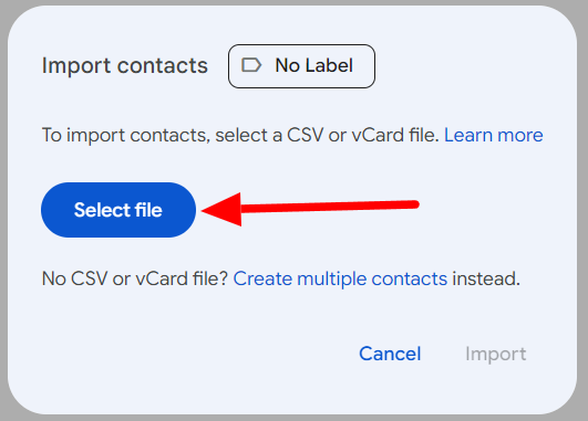 Import contacts dialog with the Select file button highlighted.