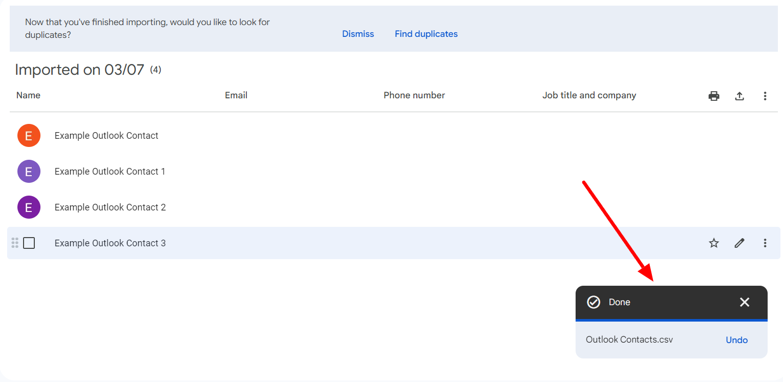 Google Contacts displays four imported contacts and a Done confirmation.