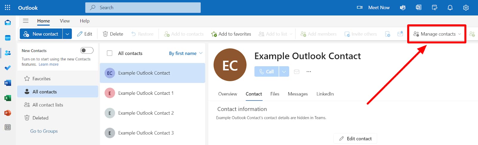 Outlook Contacts with Manage contacts highlighted.