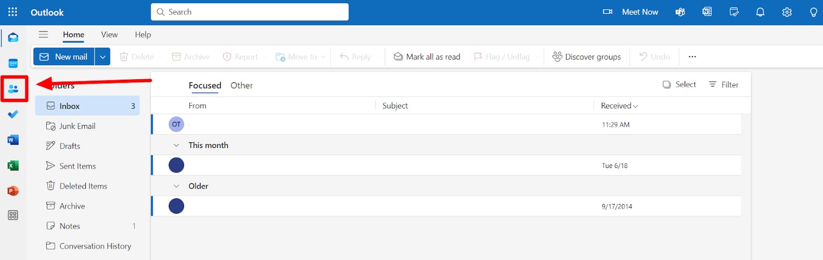 Outlook navigation with the People contacts icon highlighted.