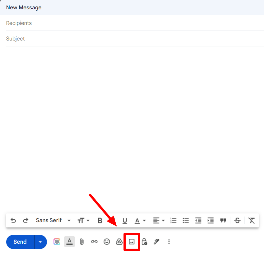Gmail compose toolbar with the Insert photo button highlighted.