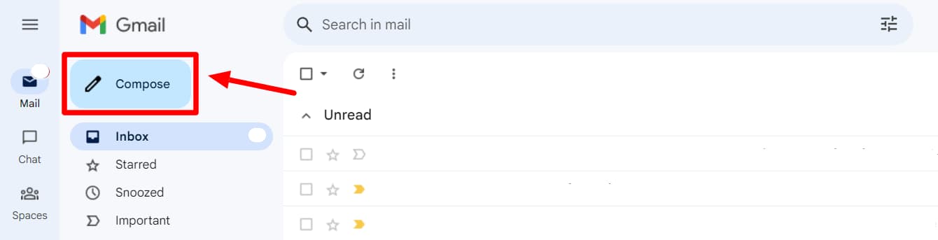Gmail inbox with the Compose button highlighted.
