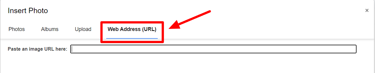 Gmail Insert Photo dialog with the Web Address tab highlighted.