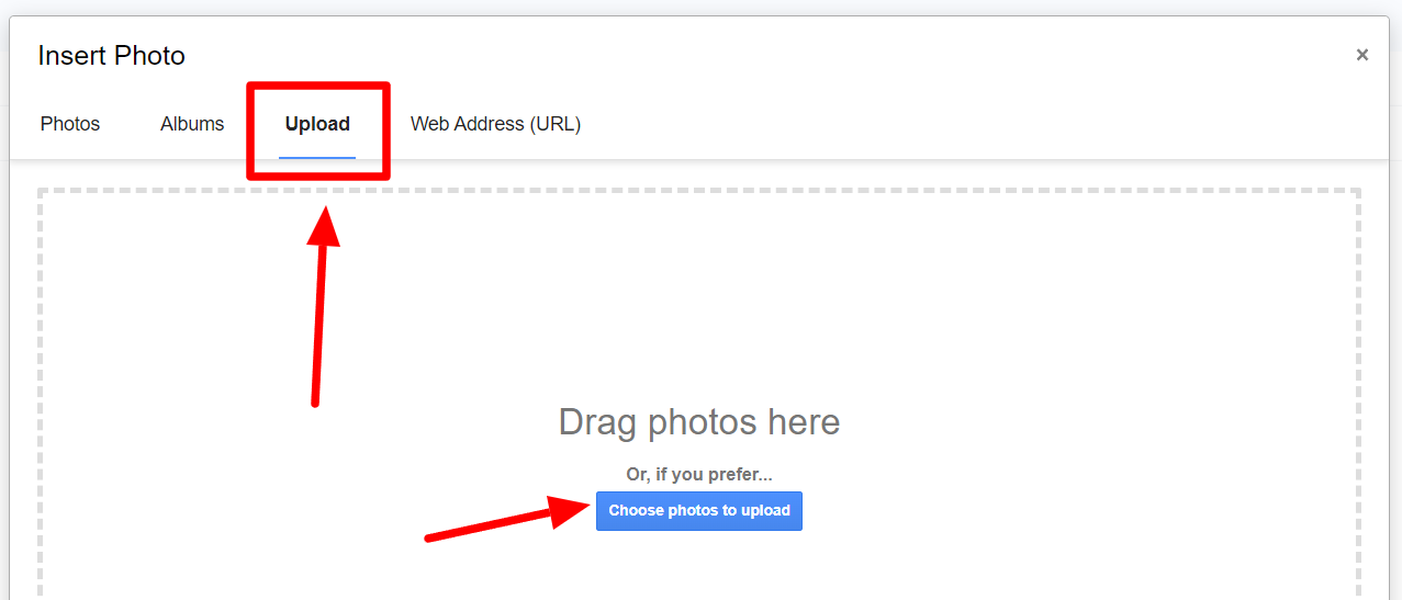 Gmail Insert Photo dialog with Upload and Choose photos to upload indicated.
