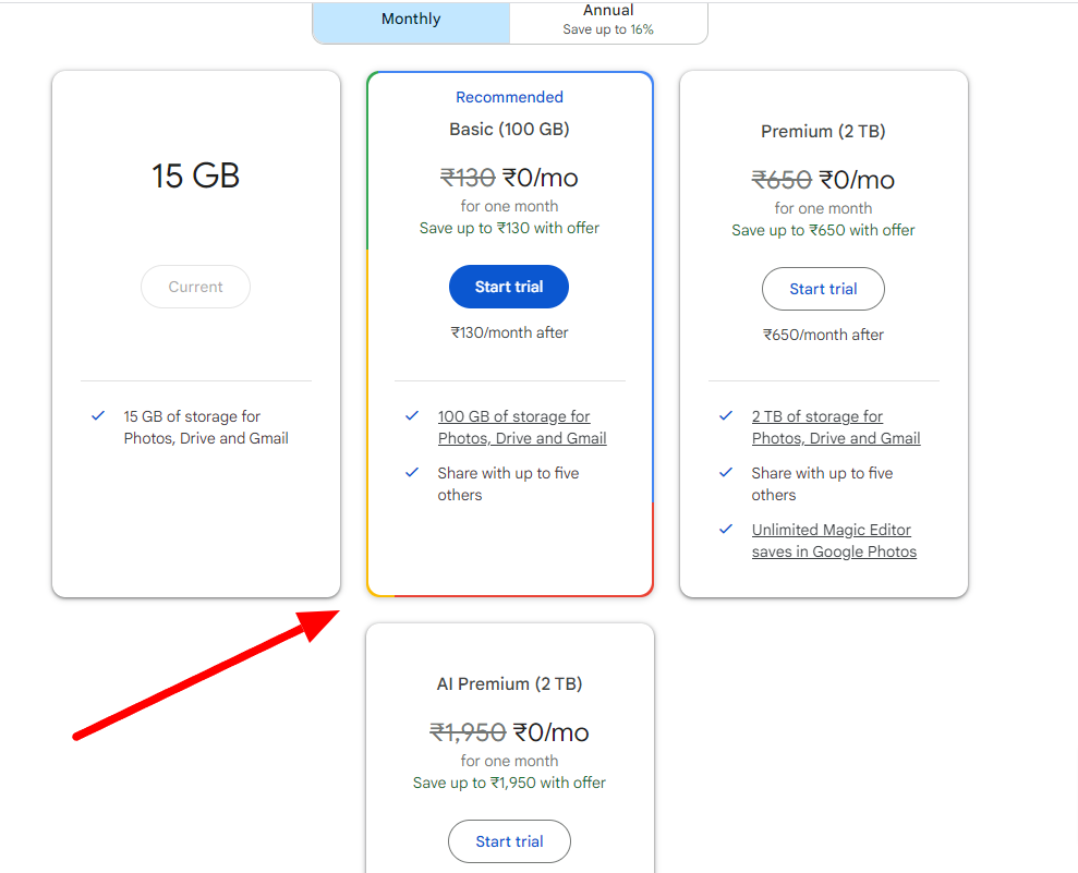 Google One storage plans comparing the current plan with paid upgrades.
