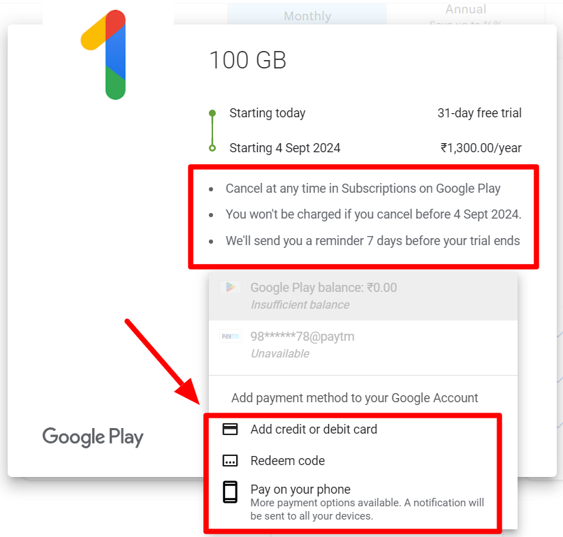 Google Play subscription checkout showing trial terms and payment-method choices.
