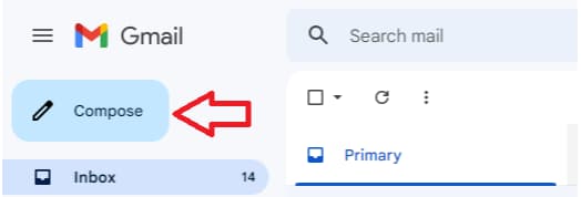 Gmail inbox with the Compose button indicated.