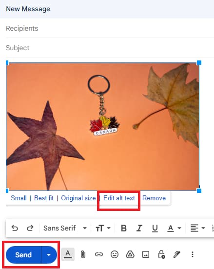 Inline photo selected in a Gmail draft, with Edit alt text and Send highlighted.