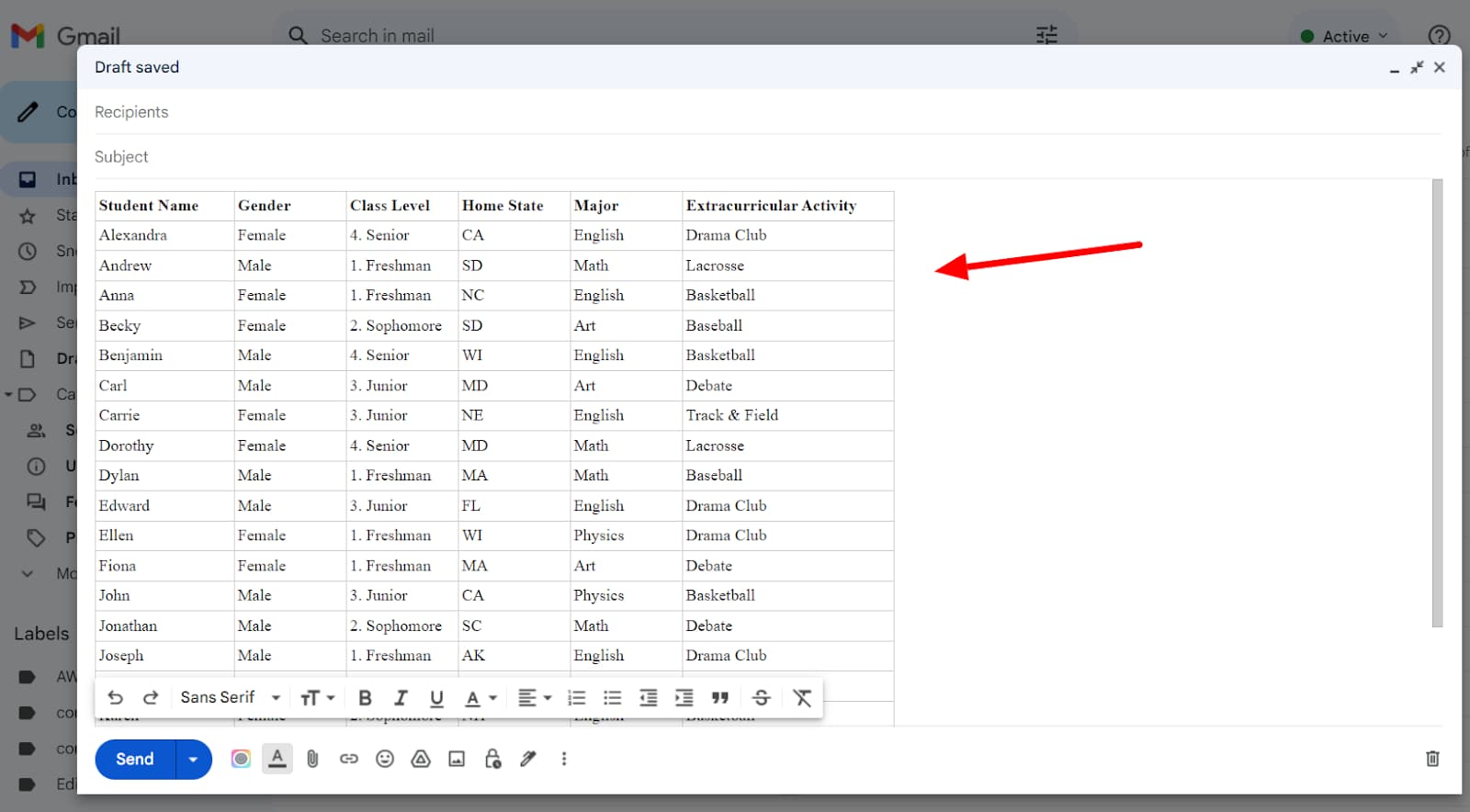 Gmail draft containing a pasted student-information table.