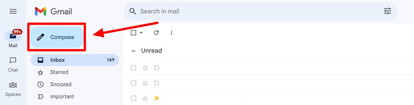 Gmail inbox with the Compose button highlighted.