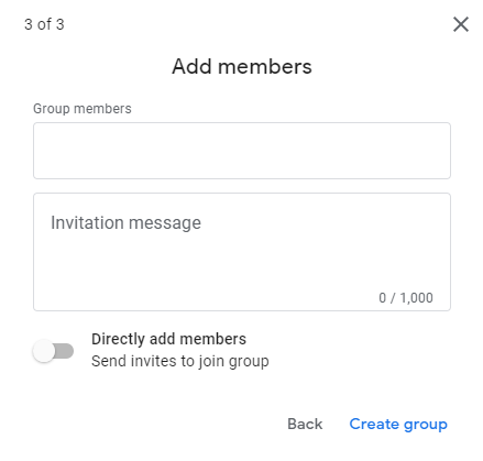 Google Groups Add members form with an invitation message field.