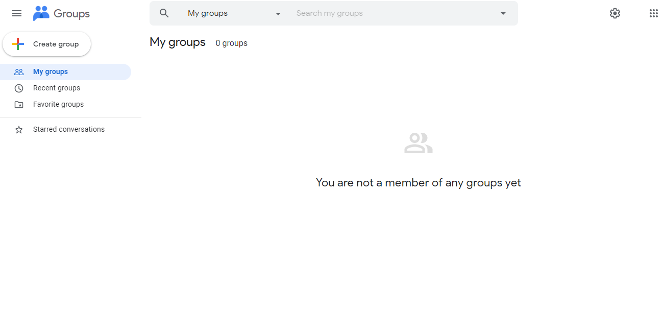 Google Groups My groups page with a Create group button.
